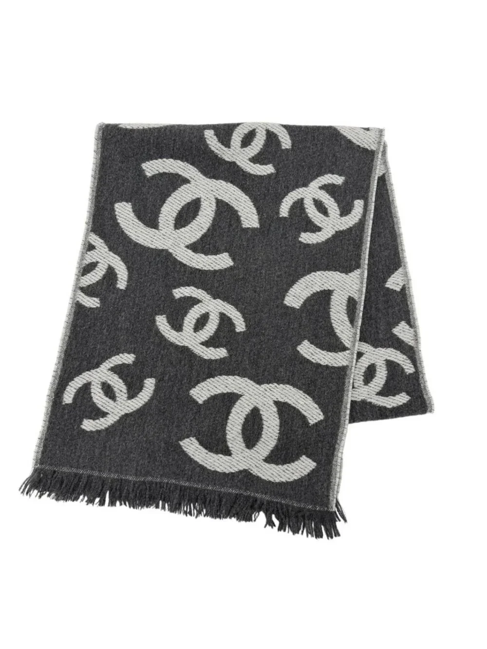 Chanel Wool Cashmere Blend CC Logo Scarf Shawl with Fringe Gray
